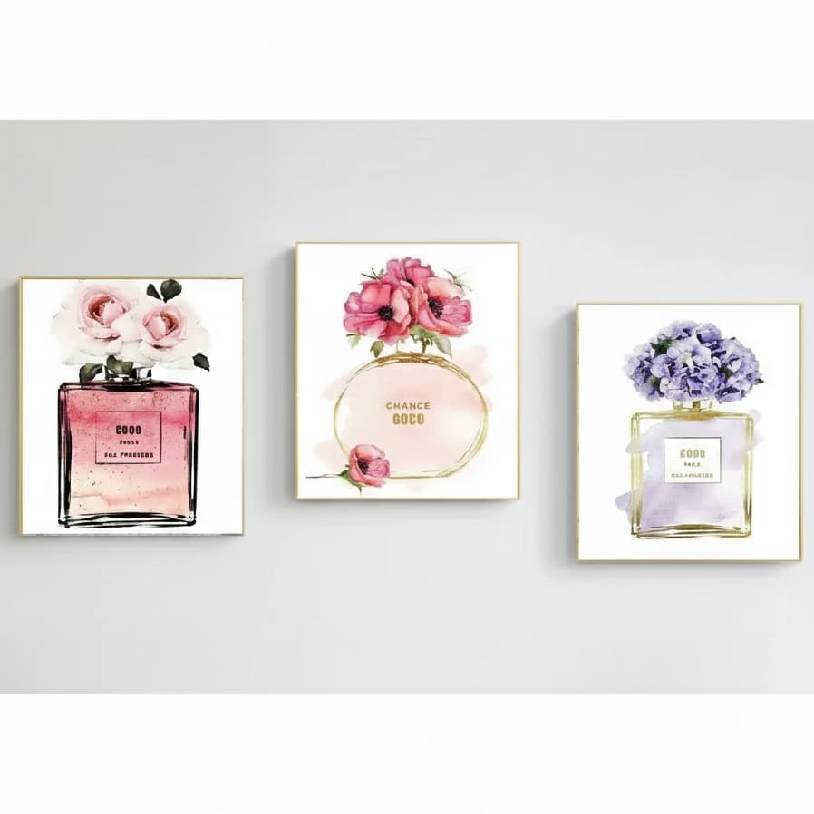 Quadros decorativos Perfumes aquarela Rosa e lilás (3 peças)
