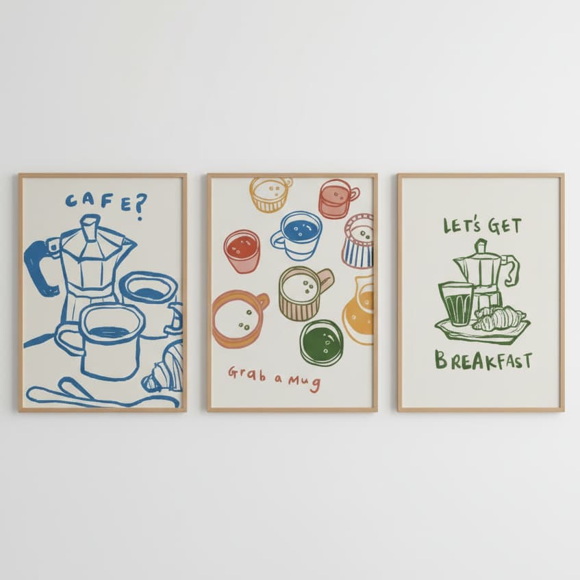 Quadros decorativos Coffee Drink Glasses Prints, Caneca, Citação (3 peças)