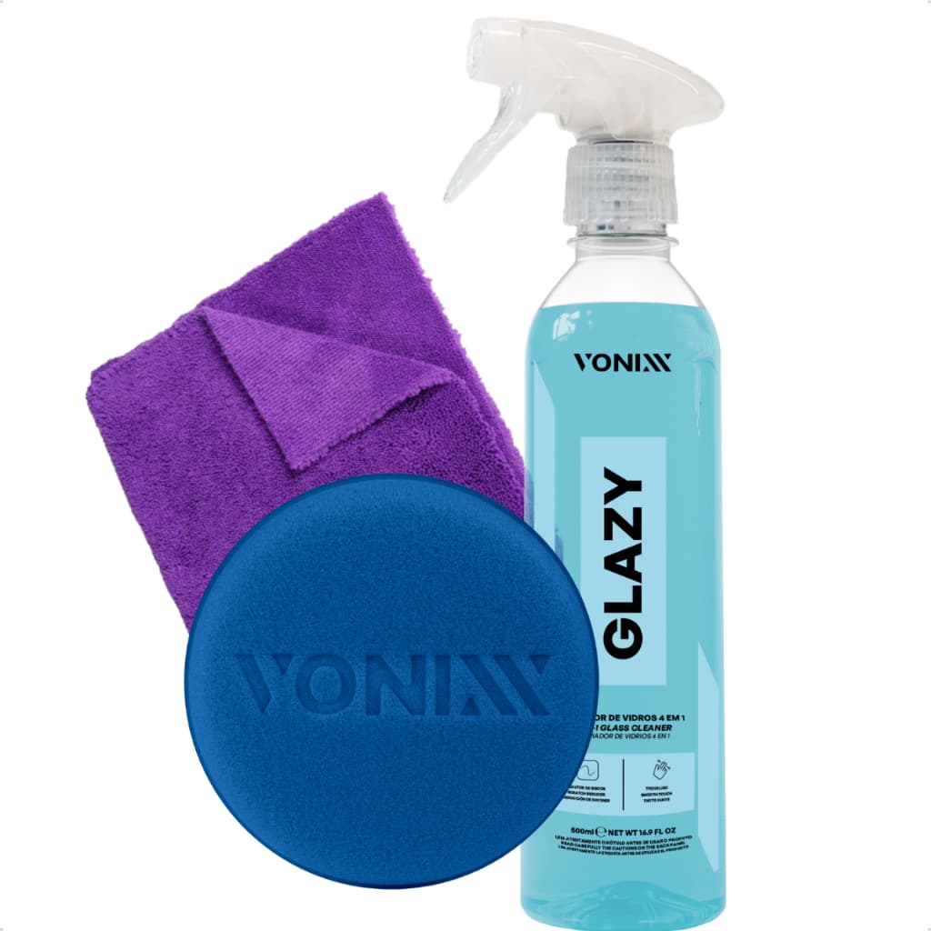KIT LIMPA VIDROS VONIXX GLAZY 500ML 4 EM 1 REDUTOR DE ATRITO PANO DE MICROFIBRA E APLICADOR ESPUMA
