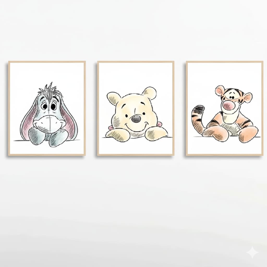 Quadros decorativos Pintura, Pooh Urso, Leitão, Tigre, Bisonho (3 peças)
