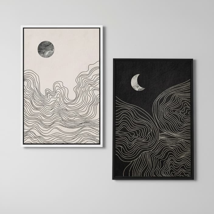 Quadros decorativos Abstrato Boho Preto, Branco, Sol, Lua, Moderno, Minimalista (2 peças)