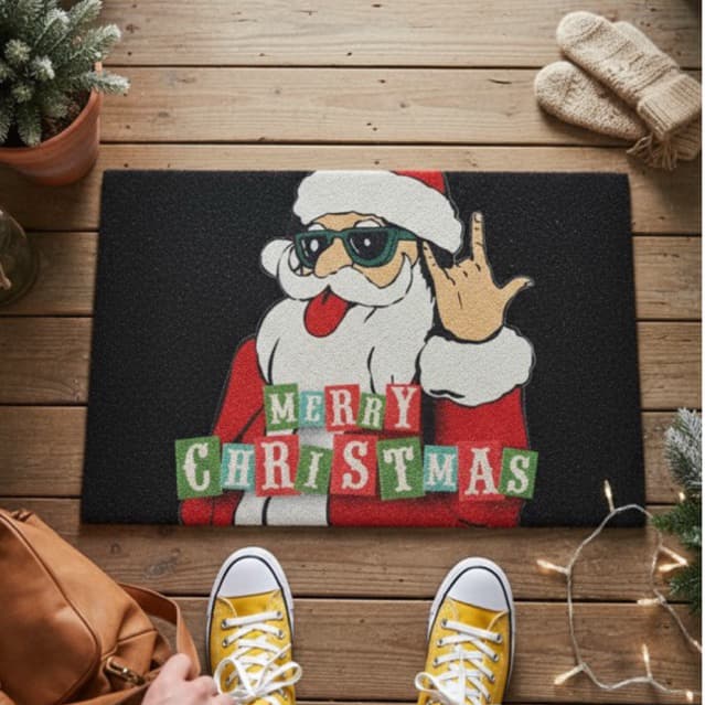 Tapete capacho para porta de entrada decoração de natal - Papai Noel rock