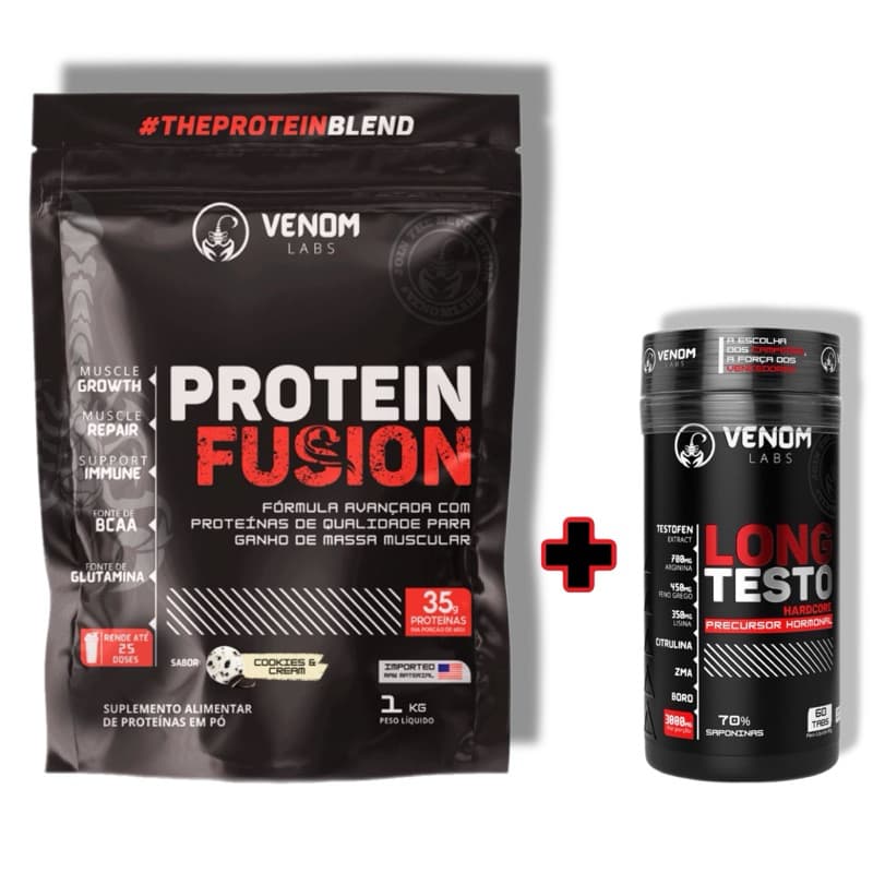 KIT [PROTEIN FUSION + LONG TESTO] P/ GANHO DE MASSA, FORÇA E MÚSCULOS