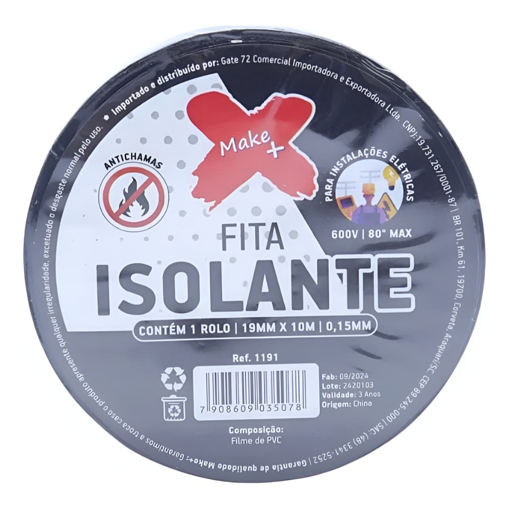 Fita Isolante Preta 19mm 10m Ideal Para Uso Geral E Diy Lisa Preto