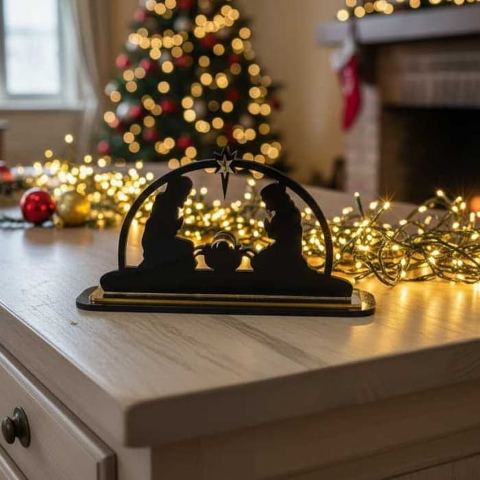 Adorno de Mesa Presépio de Natal Dupla Face em MDF Laqueado e Acrílico Dourado Decoração Natalina