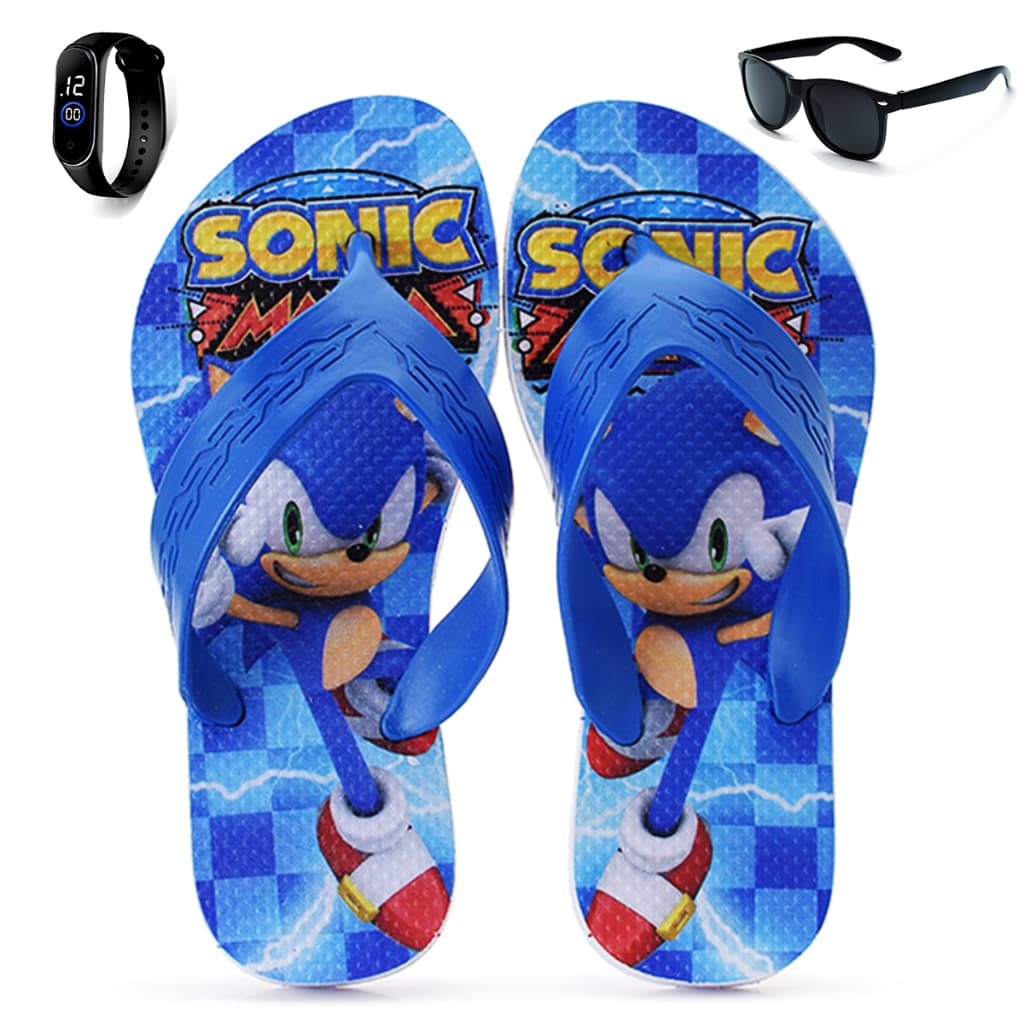 Kit Chinelo Infantil Menino Sonic Casual + Óculos Infantil + Relógio Digital Henry Kids