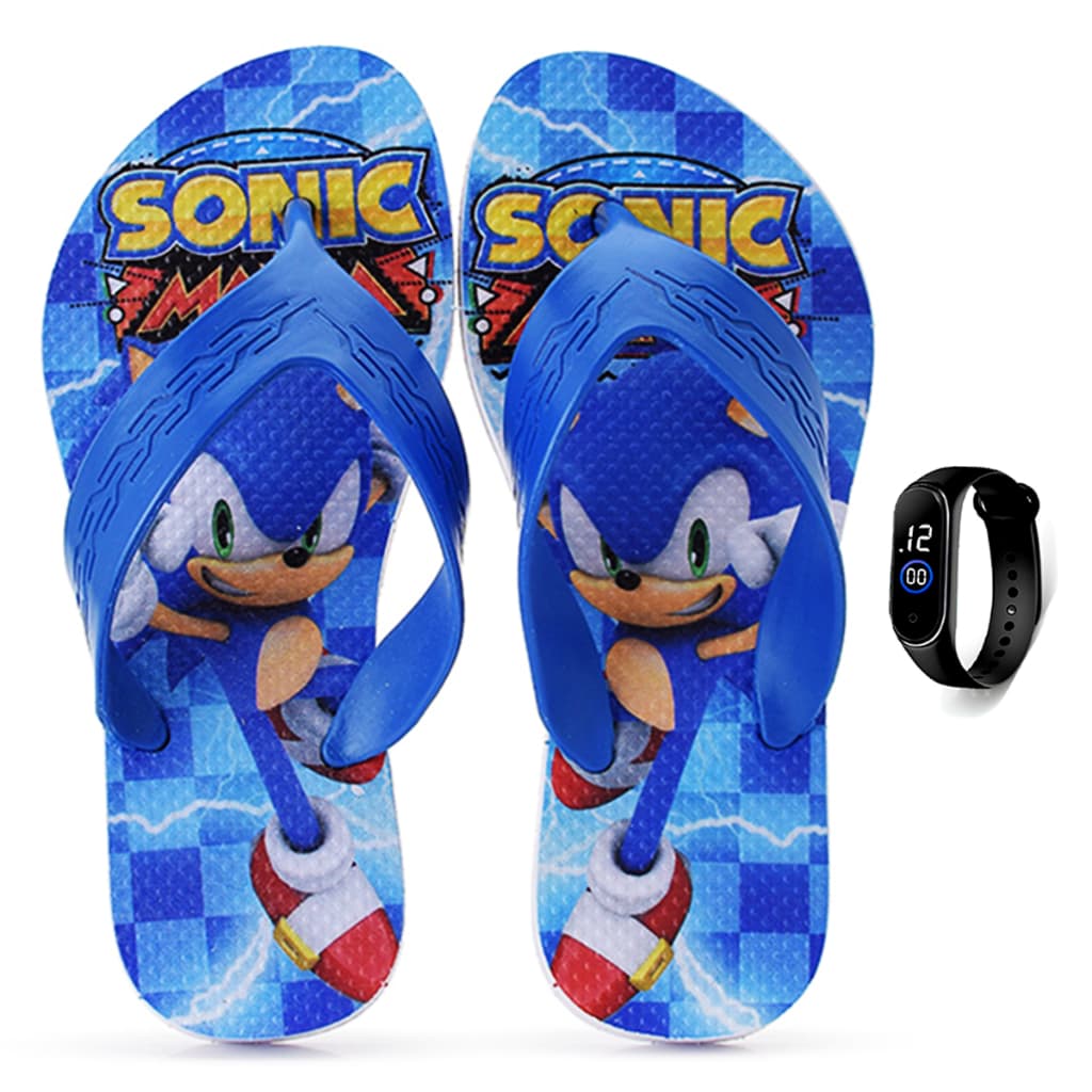 Kit Chinelo Infantil Sonic Casual + Relógio Digital