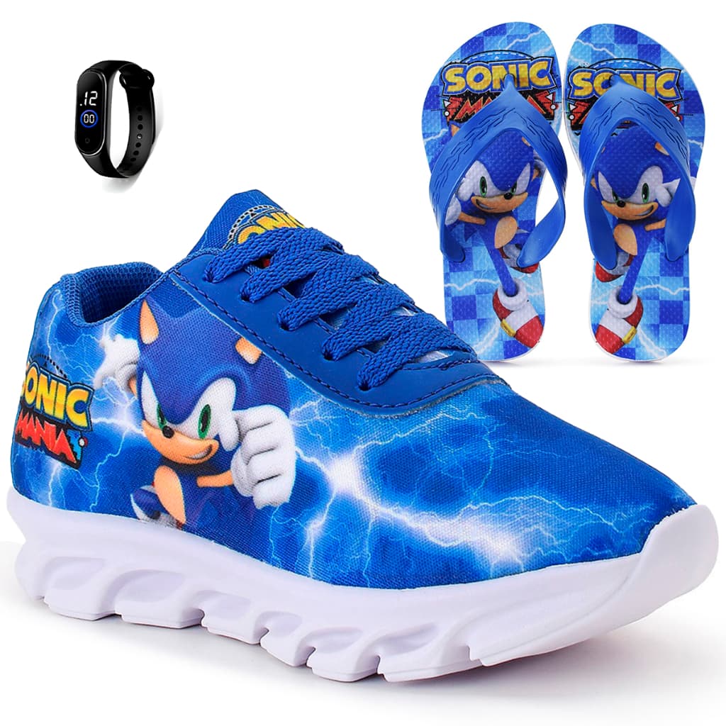 Kit Tênis Infantil Menino Sonic Casual + Chinelo Infantil + Relógio Digital