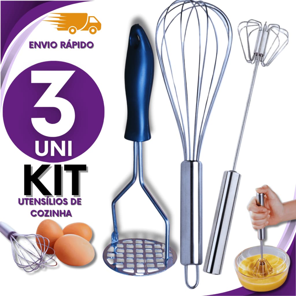 Conjunto 03 Unidades- Amassador de Batatas Batedor de Ovos Fue Fuet Mixer Semi Automático Inox Premium Variáveis