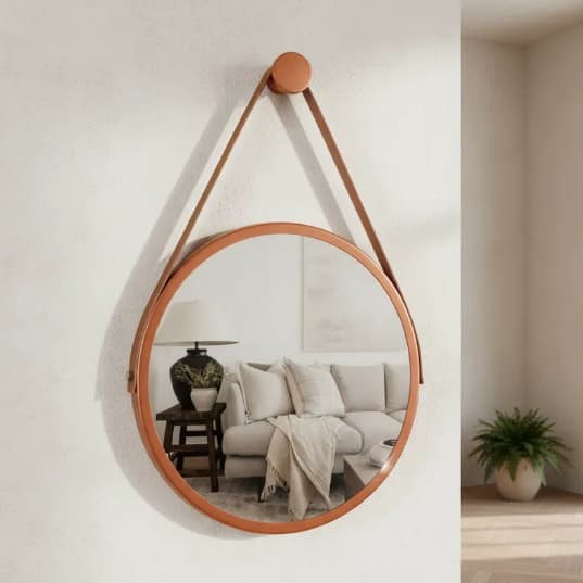 Espelho Redondo Adnet Decorativo Suspenso 60cm com Suporte Cobre e Alça Caramelo
