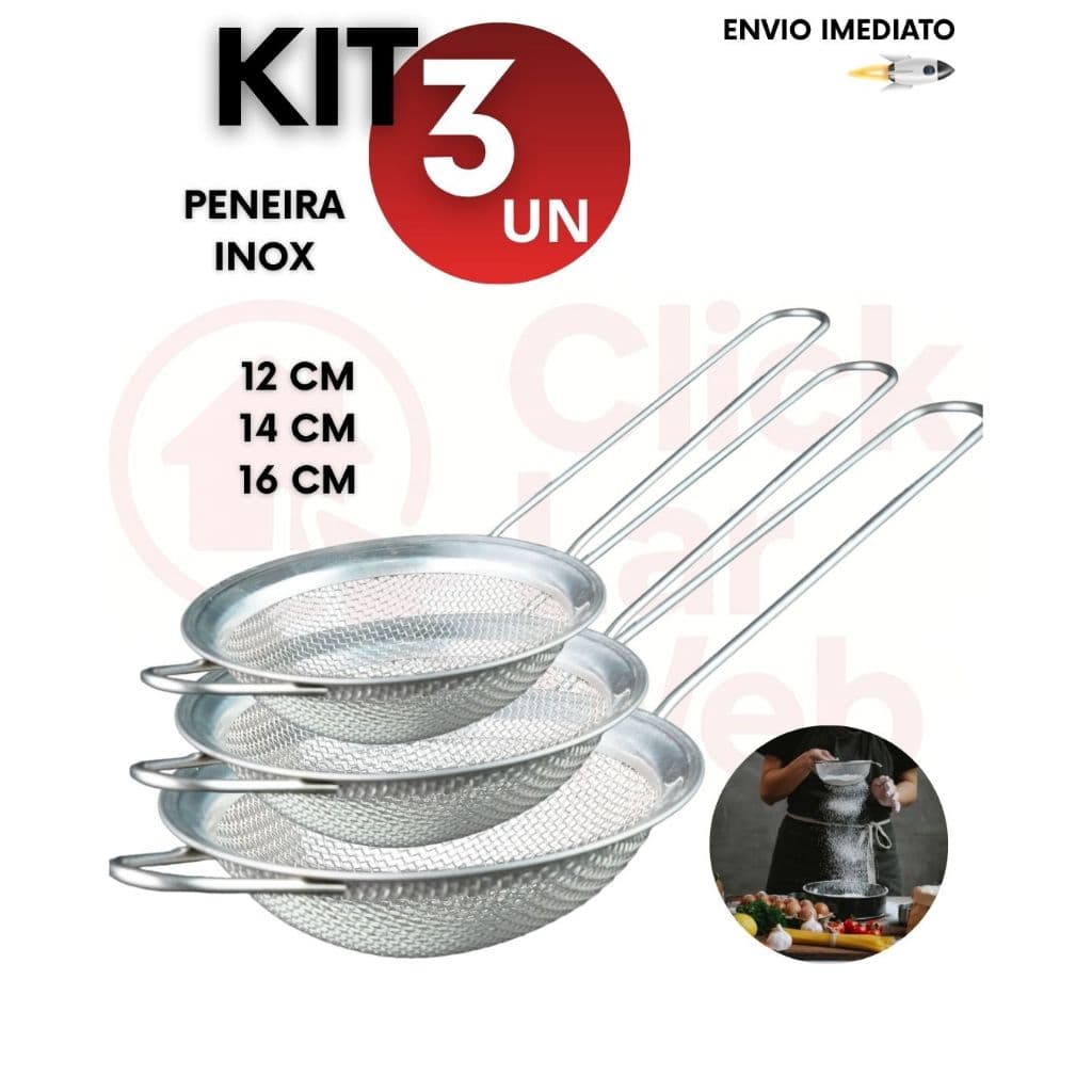 Kit 1/3 Peneira Coador Manual Em Aço Inox Para Cozinha 12cm 14cm 16cm Resistentes Duráveis Multiuso