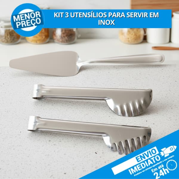 Kit 3pçs Utensílios de Cozinha em Inox P/ Servir Pá de Bolo Pegador de Massa Pegador Universal