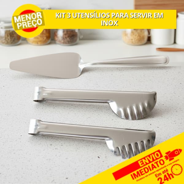 Kit 3 Peças Utensílios de Servir em Inox Pá para Bolo Pegador de Massa e Pegador Universal