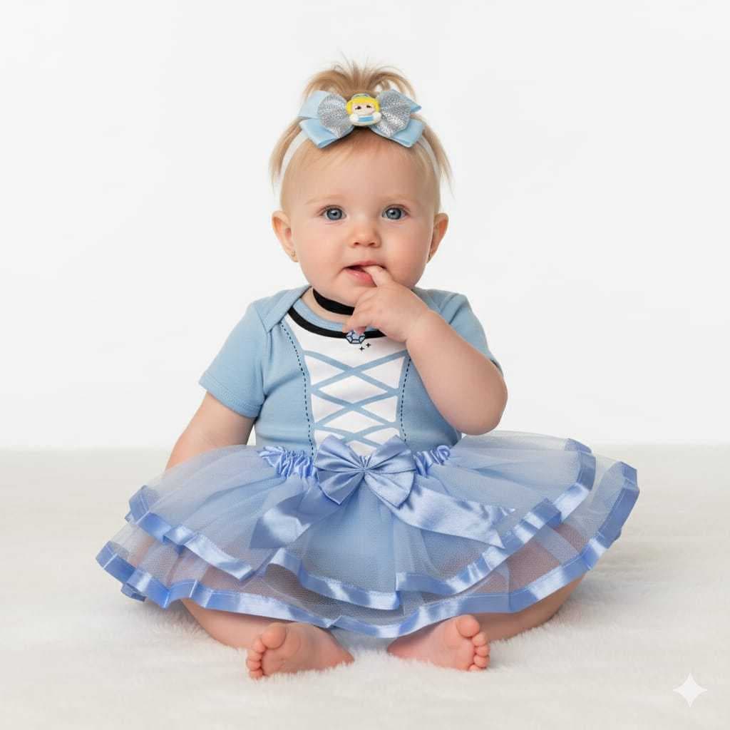 Body Bebe Cinderela Princesa + Laço + Saia Tutu - Mesversário Temático
