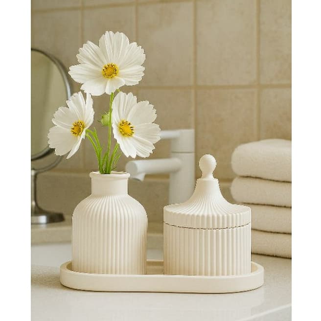 Kit Decorativo 3 Peças Cor Palha Bandeja , Vaso e Porta Joias