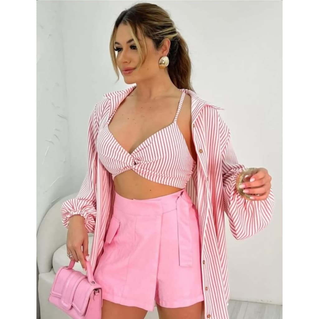 Conjunto Camisa Manga Longa e Cropeed com Alças de Amarração Listrado Tecido Leve