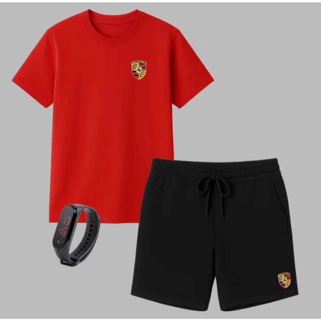 Camiseta Algodão Masculina Bermuda Moletom Kit Camisa + Relógio