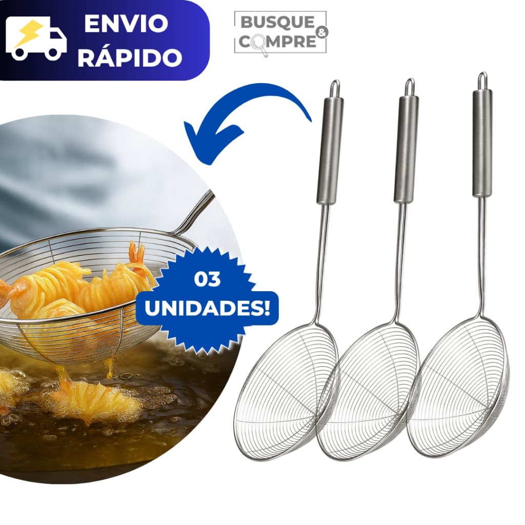 3 Escumadeira Fritadeira de Inox Redonda para Frituras Peneira Pastel Batata Utensilio Cozinha Kit