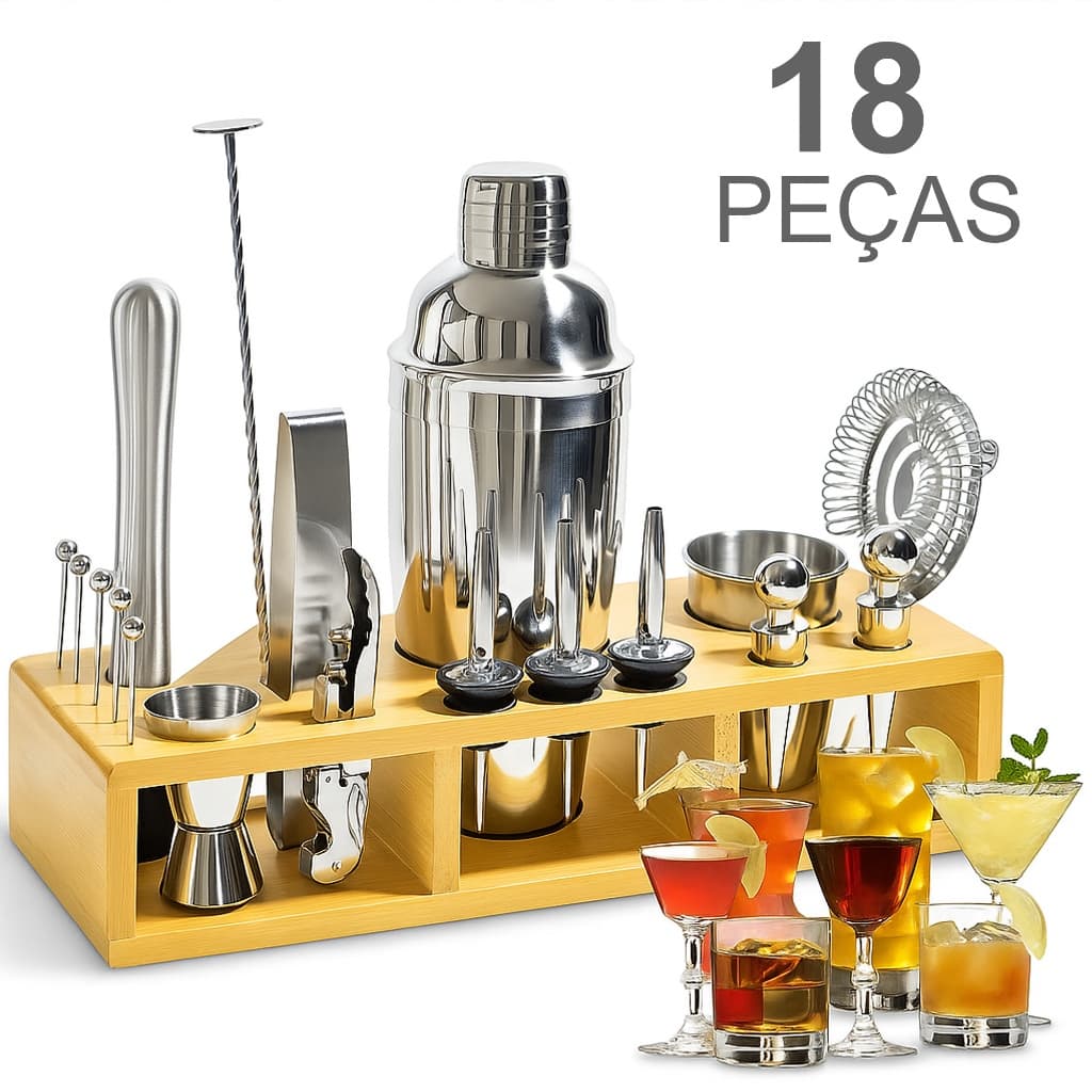 Kit Caipirinha Bartender 18 Peças Inox Coqueteleira 550ml Profissional + Suporte Sacador Dosador