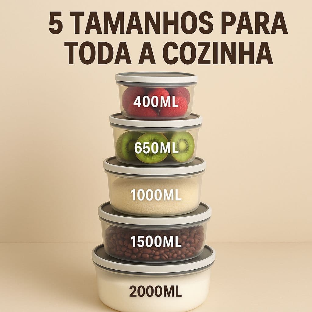 Conjunto 5 Potes Herméticos Transparente com Tampa Vedação Forte Organizador de Alimentos Cozinha