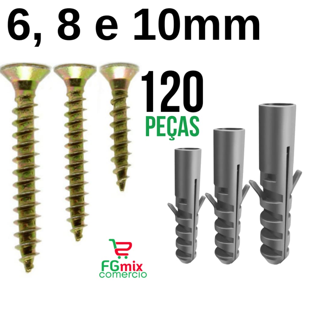 Kit Parafuso e Bucha 6 8 10mm Bucha Sem Anel Com Parafuso 120 Peça Parede Concreto