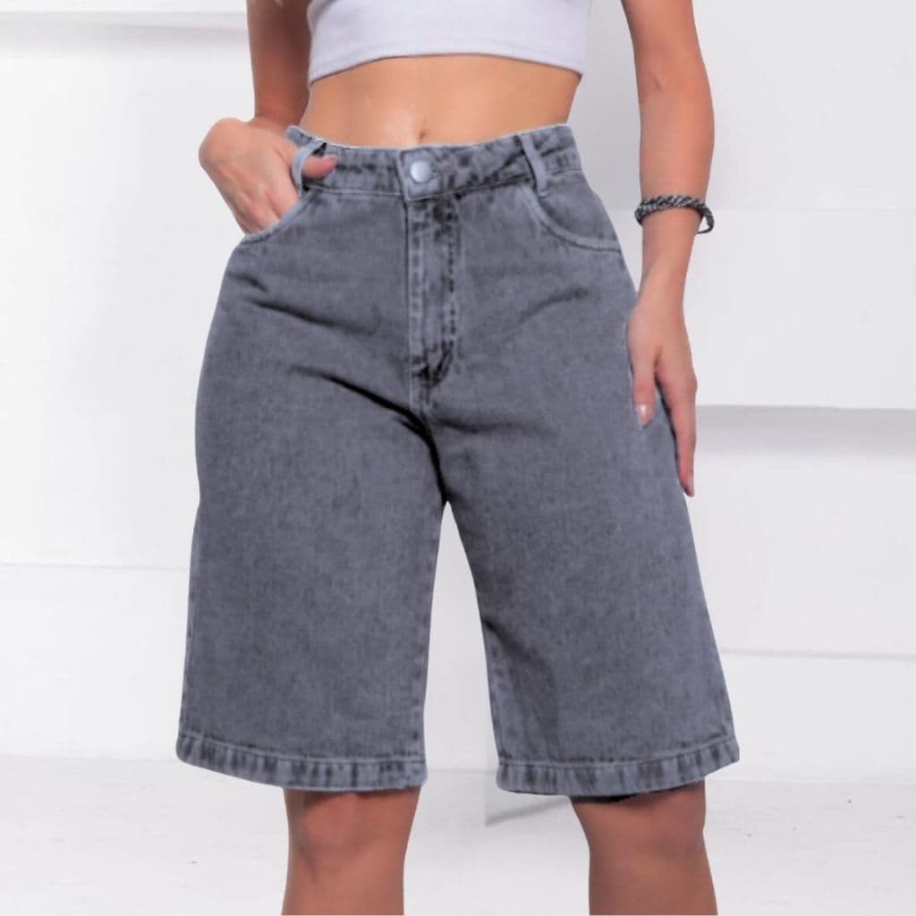 Bermuda feminina Jorts sem Lycra 100% Algodão Cintura Alta Meia coxa Ciclista Jeans Premium Gringa