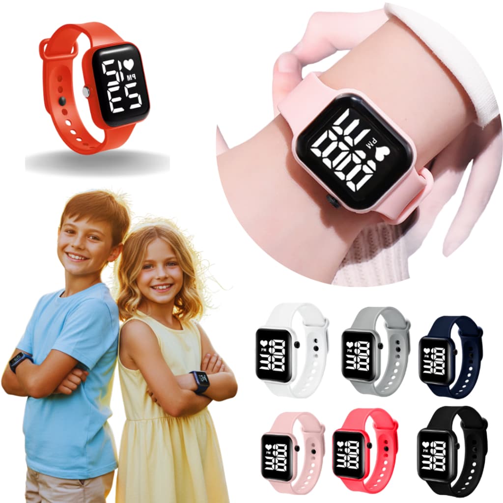 Relógio Infantil Digital Led Quadrado Liso Data & Hora Menino & Menina