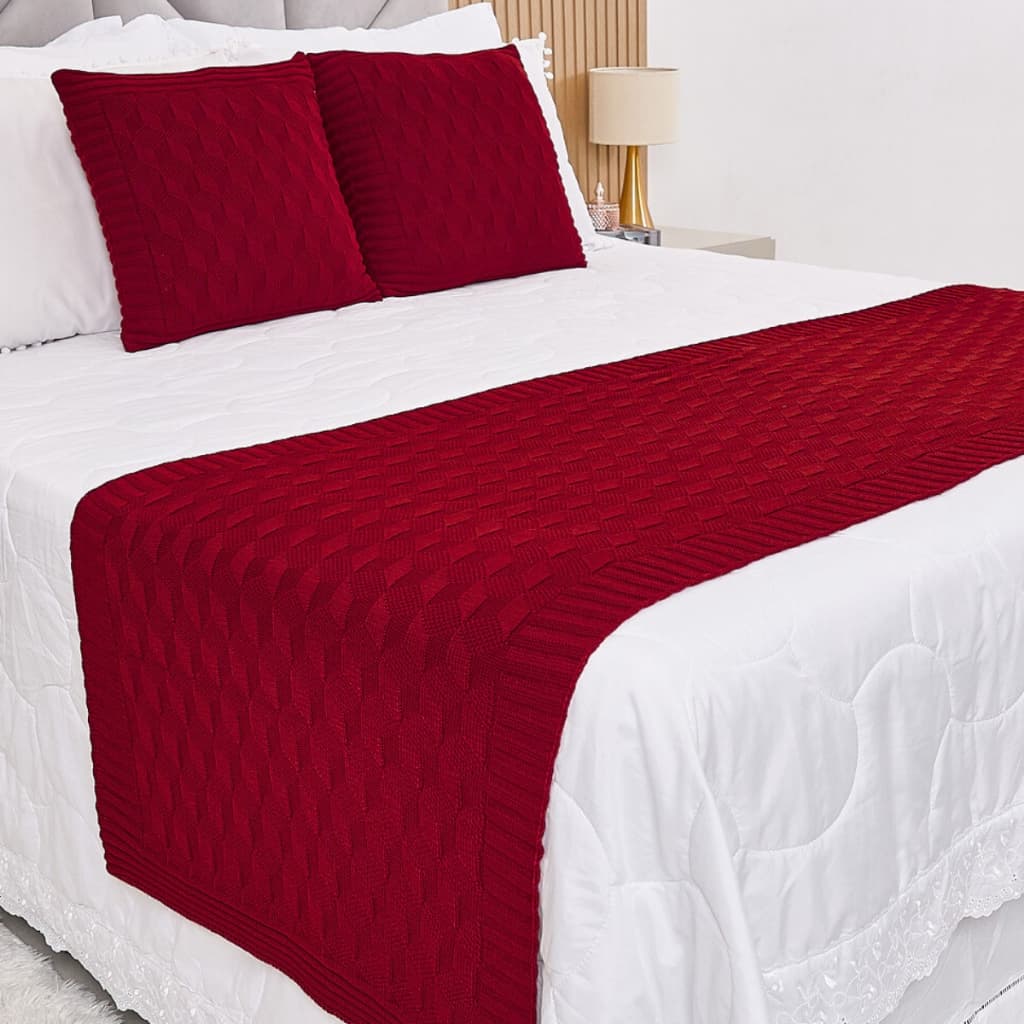 Kit Peseira Manta Tricot Cama Casal Queen King Efeito 3D + 2 Capas Almofadas