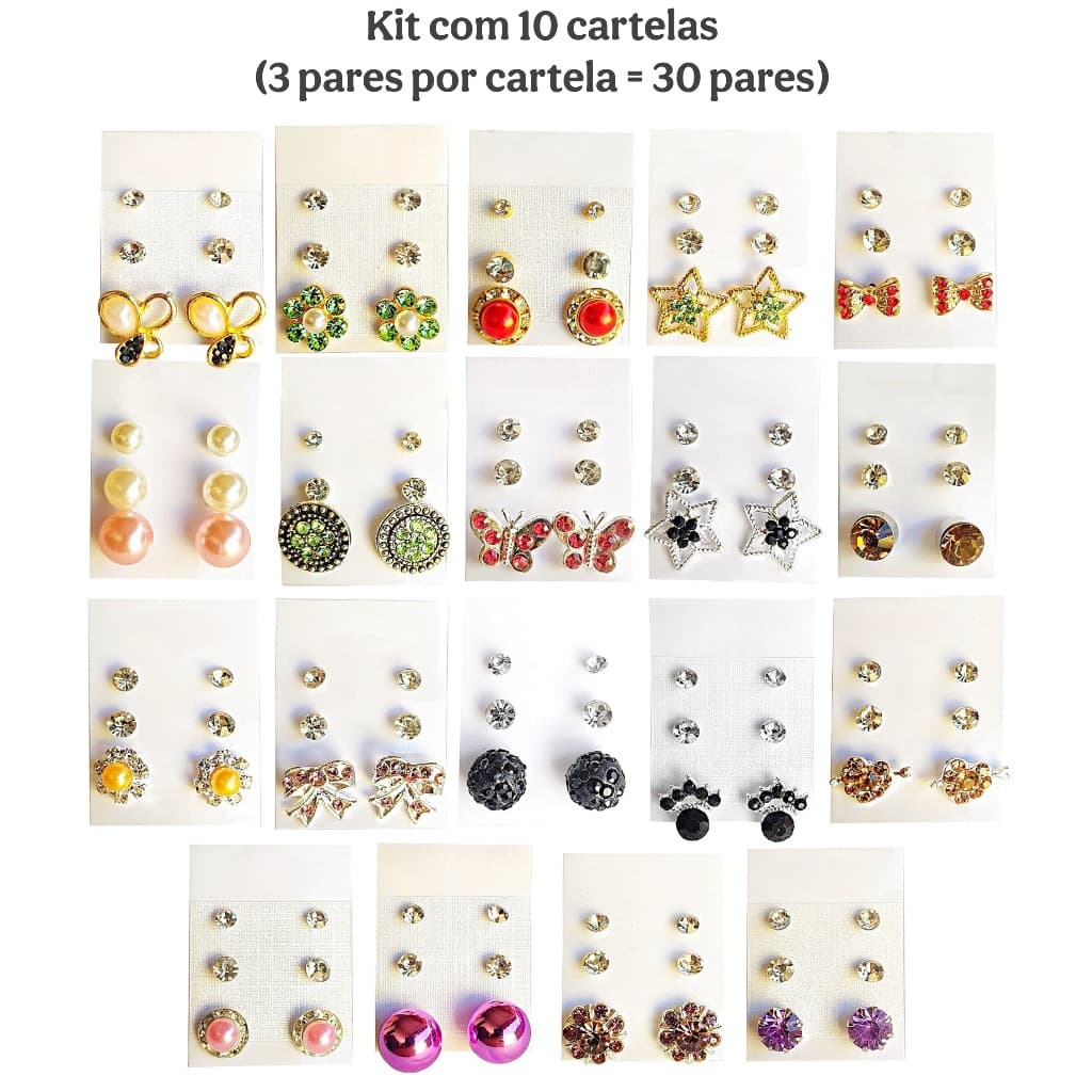 30 Pares Trio Brincos de Bijuteria Pedras Strass Dourado Prata 10 Cartelas