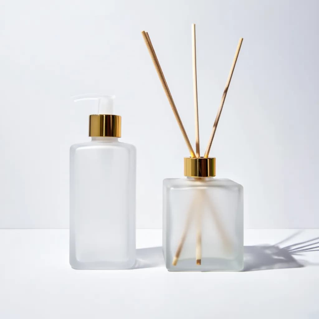 Kit Lavabo Frascos Luxo Saboneteira e Difusor Com Varetas - Square e Cubo 250ml - 3 Cores