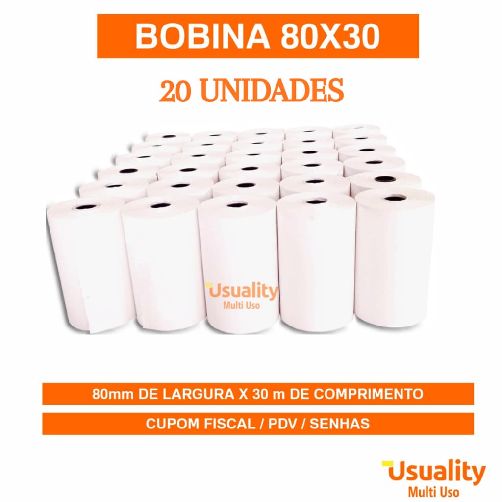 Bobina Termica PDV 80x30m 1 Via Papel Termico Cupom Fiscal Comprovante Impressora 20 Rolos Branco