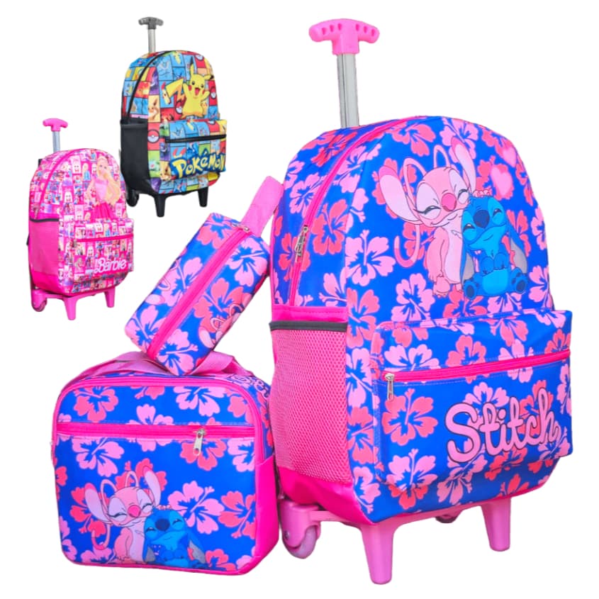 Kit Mochila com Rodinha Feminina Escolar Juvenil Grande Lancheira e Estojo