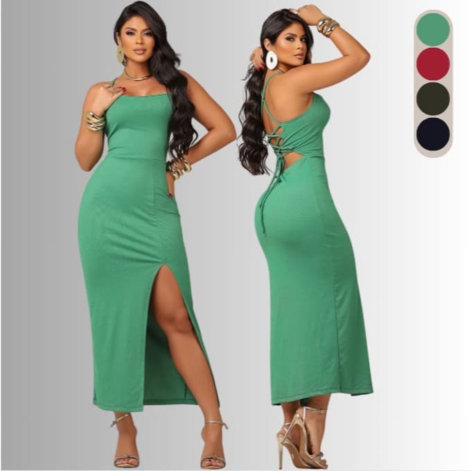 Vestido Longo Feminino Canelado Fenda Elegante Costas Nua Moda Festa Casual