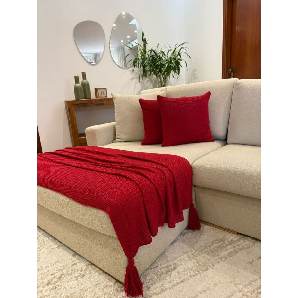 Kit Manta Pompom Natal Decoração Natalina Tricot Vermelho + 2 capas