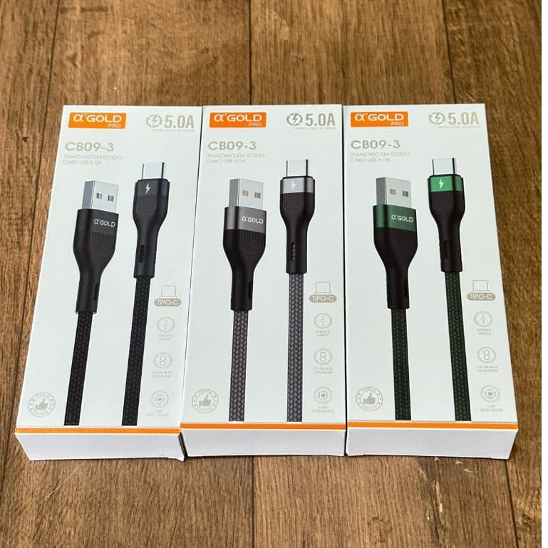 Kit 3 Cabos USB Tipo-C 5A Turbo Trançado Reforçado Preto Verde Cinza Carregamento Rápido Original A´gold