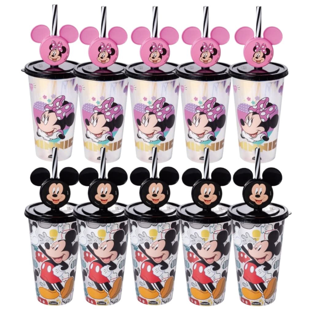 Kit Lembrancinha Festa Copo Canudo Disney Minnie e Mickey 500ml com Pin Plasútil Resistente Seguro