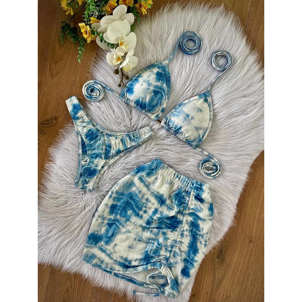 Conjunto Biquíni Cortininha + Saia  | Look Feminino Praia Verão Colorido Tay Day Azul