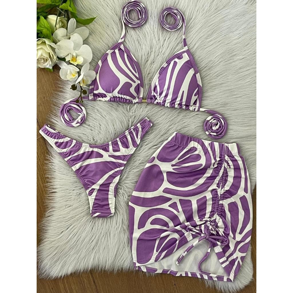 Conjunto Biquíni Cortininha + Saia | Look Feminino Praia Verão Colorido Roxo Lilás