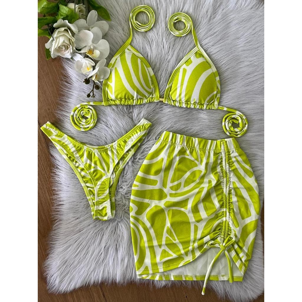 Conjunto Biquíni Cortininha + Saia  | Look Feminino Praia Verão Colorido Verde limão