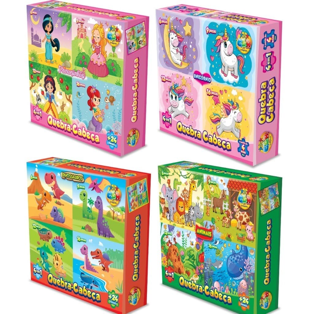 Kit Quebra Cabeça 4 em 1 Infantil Dino, Princesas, Unicórnio, Animais Presente Educativo Criança