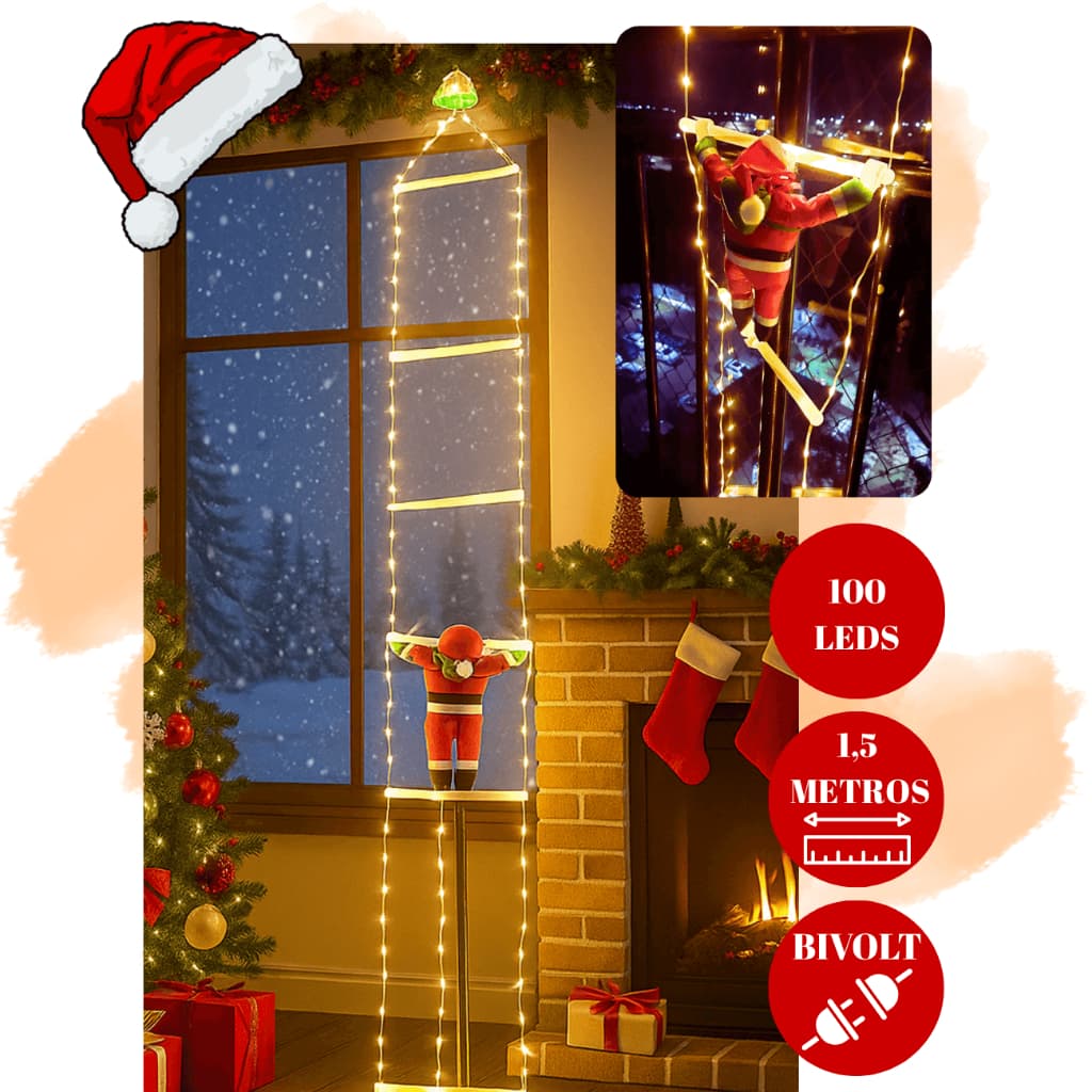 Decoração De Papai Noel LED Escada 1,5 Metros Bivolt Enfeites de Natal 100 Leds Resistente à Água