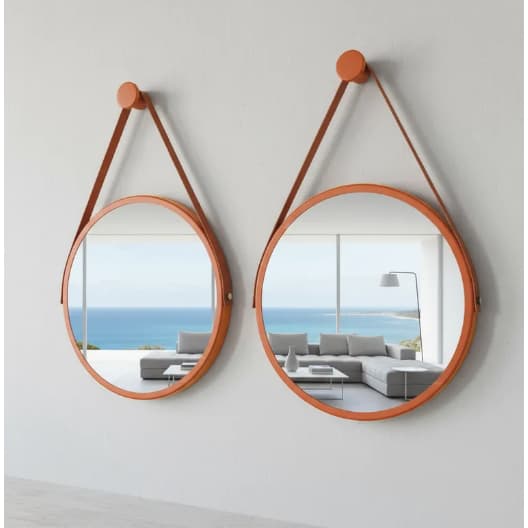 Kit 2 Espelhos Redondo Adnet Decorativo Suspenso com Alça 40cm + Suporte Cobre com Alça Caramelo