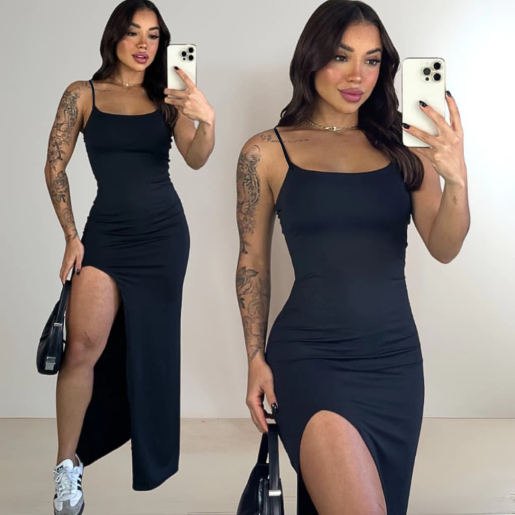 Vestido Feminino Alcinha Longo Colado Com Fenda Veste do 36 ao 44 Suplex Modelador Moda Verão Carnaval
