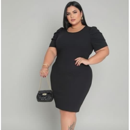 Vestido Feminino Básico Liso Plus Size Manga Princesa Tecido Canelado Tamanho Grande