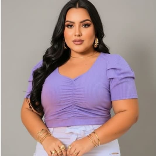 Cropped Blusinha Feminina Plus Size Manga Princesa Malha Canelada