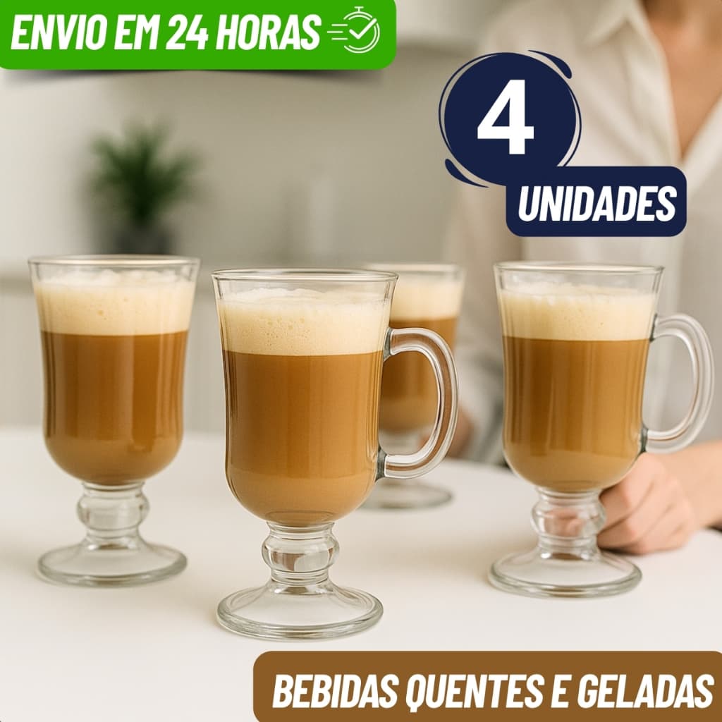 Conjunto 2/4/6 Canecas De Vidro Grande Para Café Irish Coffe Alça Expresso Capuccino Copo