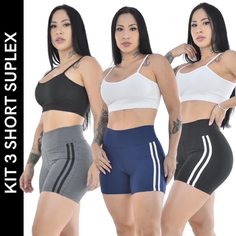 Kit 3 Short Feminina Suplex Bermuda Fitness Cós Alto para Atividade Física Academia e Corrida