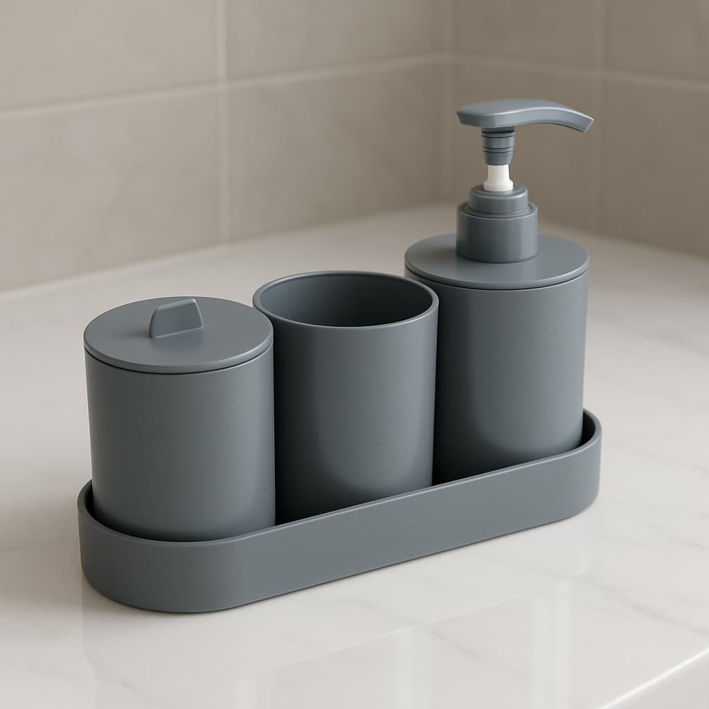 Conjunto 4 Peças para Banheiro Cinza PP e Bambu - Lyor