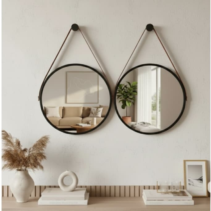 Kit 2 Espelhos Redondo Adnet Decorativo Suspenso com Alça 60cm + Suporte Preto com Alça Caramelo
