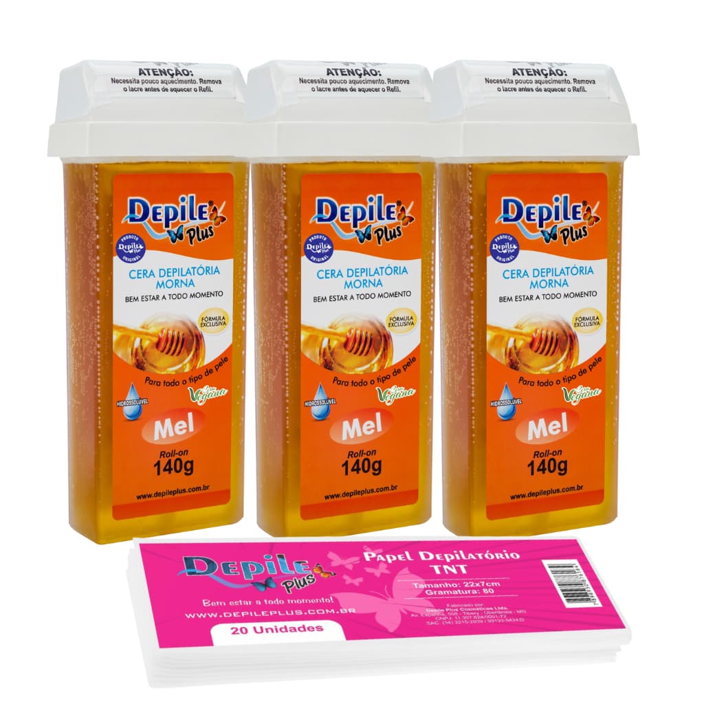 Kit 3 Cera Depilatória Hidrossolúvel Roll-On 140g Mel Depile Plus + Papel Depilação TNT 20 Folhas